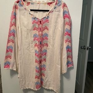 Free People White Floral Embroidered Bell Sleeve Tunic Dress size 4